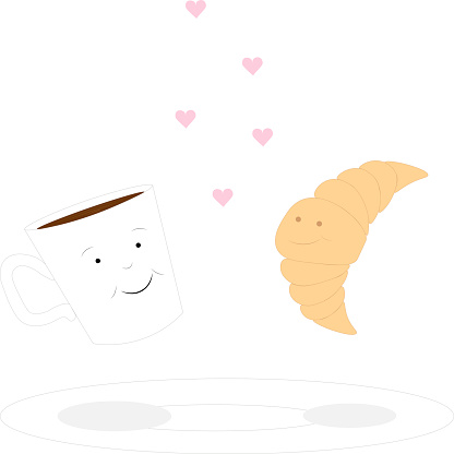 Pink hearts, a smiling cheerful cup of coffee and a croissant
