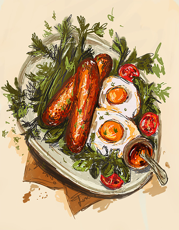 Scrambled eggs with sausages, tomatoes, herbs and sauce