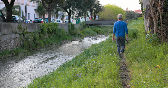 Mature man walks along riverbank in springtime, Liguria