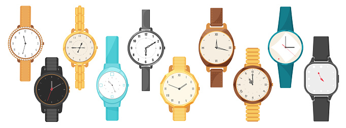 Wrist watches set vector illustration. Cartoon isolated collection of wristwatch with luxury gold metal or brown, black and blue leather strap, classic analog dial of round and square shape with hands