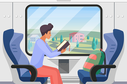 Man traveling alone in train compartment. Young male passenger sitting on comfortable chair by window in modern carriage interior to read book and travel in comfort cartoon vector illustration