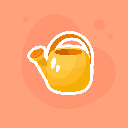 Watering can vector icon. Watering can isolated on orange background. Summer sticker.