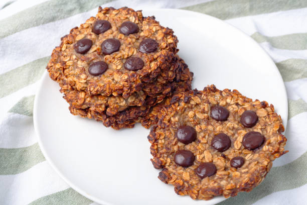 Oat Cookies Healthy Delicious Dessert on Green White Table Cloth Closeup Rustic Still life