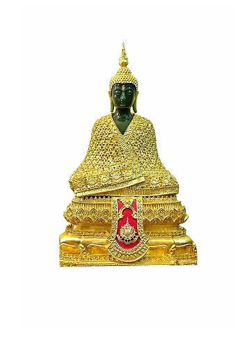 Phra Kaeo Morakot or The Emerald Buddha statue isolated on white background. Phra Phuttha Maha Mani Rattana Patimakon that 
made of a semi-precious green stone