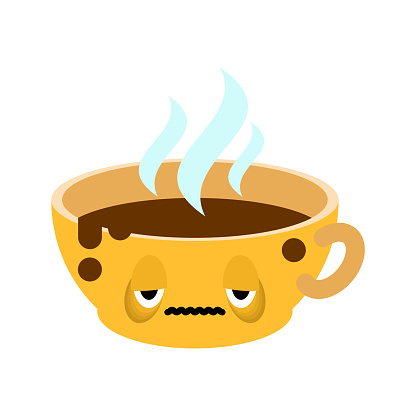 Sleepy cup of coffee. Sad coffee mug
