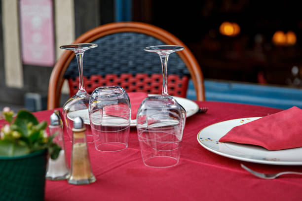 istock Empty glasses set in restaurant - Dinner table outdoors in France. 2149560950