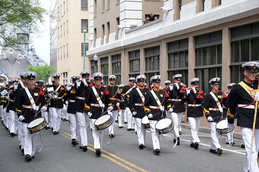 Norfolk, Virginia: USA, April 20th 2024:  At the 75th appearance at the NATO Parade in Norfolk, Virginia the Netherlands makes their appearance with their military band marching throughout the streets.