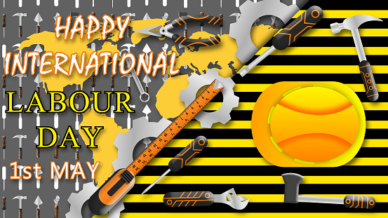 international labour day wishes on black and yellow moving strips and workers tool. happy workers day on first may.