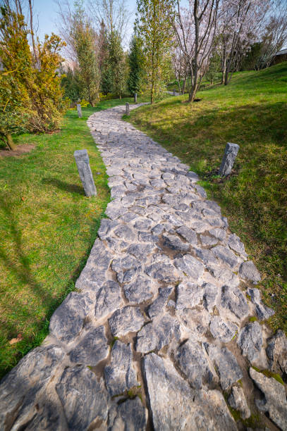 Path made of stones in the garden. Decorative path for walking.