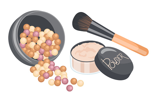 Facial cosmetics natural products composition set with makeup brush blush compact powder and balls vector illustration. Collection of face accessories beauty tools in brand packages isolated on white