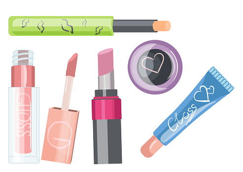 Cartoon makeup cosmetics set with packages of lipstick, concealer, liquid eyeshadow, lip gloss. Beauty artist product and tools, professional decorative products for personal usage vector illustration