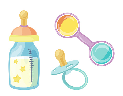 Baby shower necessary accessories set with rattle, milk bottle, pacifier isolated on white background. Newborn child items for feeding, games and caring vector illustration. Kids nursery icons