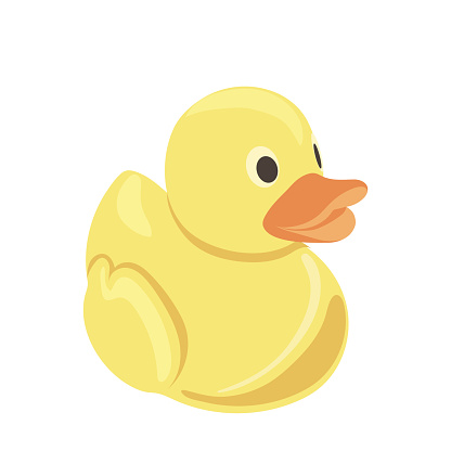Cute yellow rubber duck newborn child toy for bathroom games and funny time recreation vector illustration isolated on white. Floating inflatable duckling animal plaything flat design element