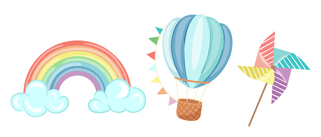 Baby shower items set with air hot balloon, colorful rainbow, blower toy isolated on white background. Cute supplies for games, desecration and childbirth party celebration vector illustration