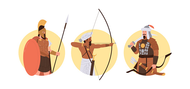 Brave ancient Greek, Indian and Mongol warrior cartoon characters round composition isolated set. Antique armed conquerors vector illustration. Historic hero, army soldier and war person avatars