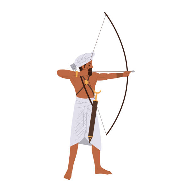 Ancient Indian warrior archer cartoon character wearing traditional native clothes with weapon Ancient Indian warrior, antique archer cartoon character wearing traditional native clothes with weapon isolated on white background. Native bowman aiming with arrow on target vector illustration famous archer stock illustrations