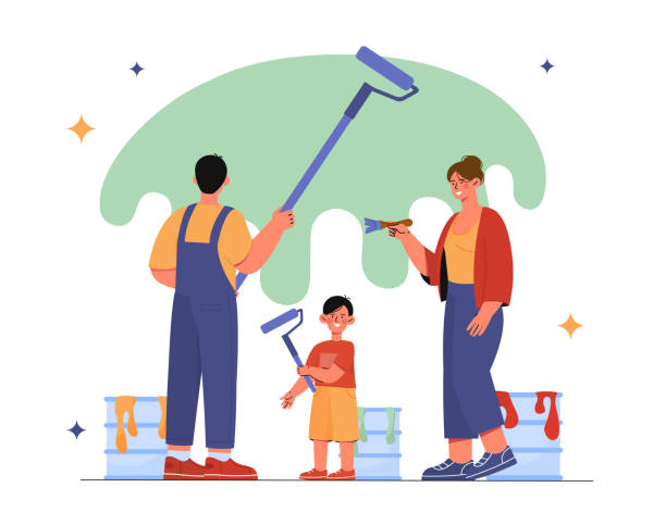Family painting walls vector Family painting walls. Man and woman with boy with paiting rollers. Renovation and repair of home and apartment. Buckets with paints. Cartoon flat vector illustration isolated on white background mum new boyfriend stock illustrations