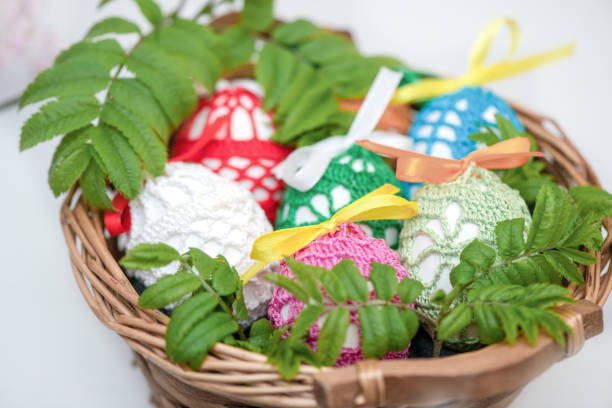 istock Colorful Knitted Easter Egg, Design for Creative Holiday Crafting and Festive Home Decor. Ecological recycling, zero waste. 2149565421