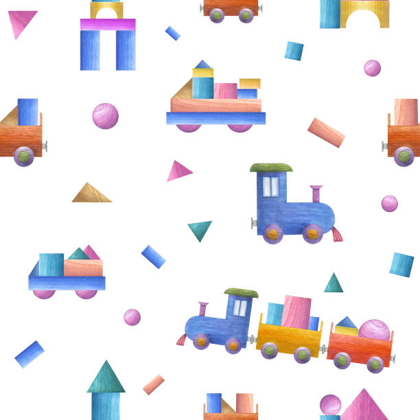 istock Kid wooden truck, car, train, castle made from building bricks. Child blocks for playing. Hand painted illustration isolated on white background. For children print, decor, wrapping, textile. 2149565473