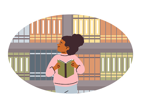 Cute girl in the library or bookstore vector illustration. Cartoon child choosing books on bookshelf. Education and reading concept. Happy booklover in oval frame