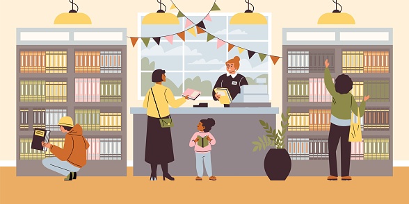 A lively scene at a bookstore, where patrons engage with literature, peruse towering shelves, and a clerk assists at the counter, all captured in a detailed illustration, culminating in a cozy, inviting atmosphere, perfect for a vector representation.