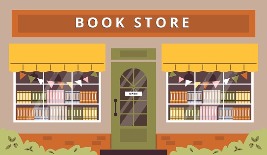 An inviting bookstore facade with colorful awnings and a welcoming 'Open' sign, depicted in a charming and quaint vector illustration style.