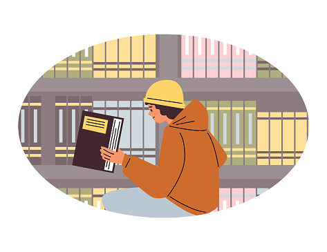 A focused individual immersed in reading a book, against the backdrop of a well-stocked bookshelf, in a charming vector illustration style.