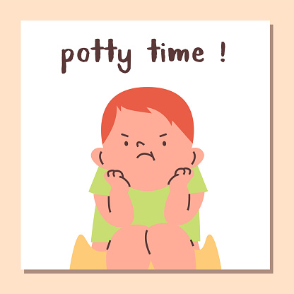 Potty time vector poster. Cartoon cute capricious baby boy sitting on the potty. Angry toddler learning to use potty. First year old children hygiene. Infant health care education card