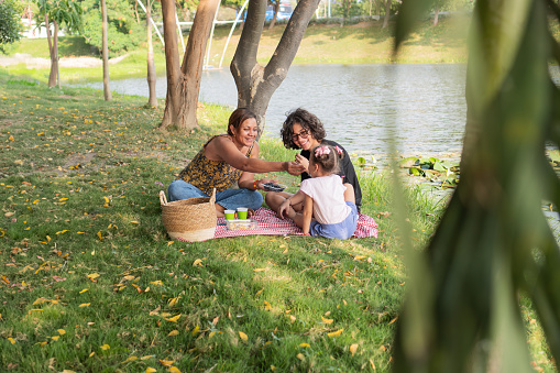 Family engaging in a joyful picnic beside a serene lake, with lush greenery around.