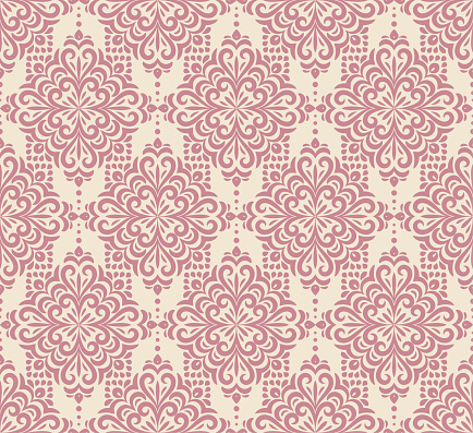 Damask background with rich, old style, luxury ornamentation, pink fashioned seamless pattern, royal vector wallpaper, mandala fabric swatch
