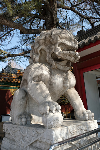 stone lion with a ball under its paw Beijing