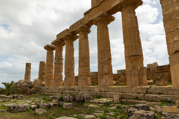 Rear view of a man standing in front of the greek temple admiring the view, Selinunte, Trapani, Sicily, Italy, Europe