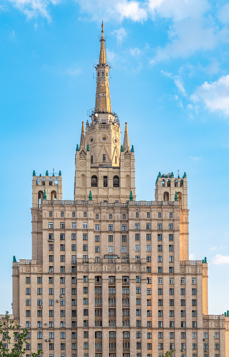 The view on the residential Stalinist high-rise building on Kudrinskaya Square. It is the one of seven Stalinist skyscrapers built in 1947-1954. Moscow, Russia