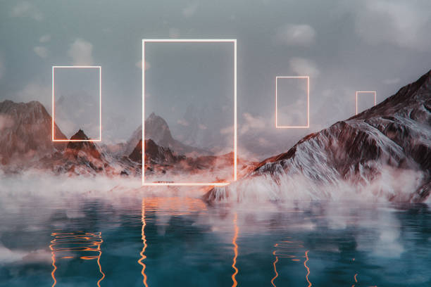 Fantasy landscape with glowing geometric shapes. 3D generated image.