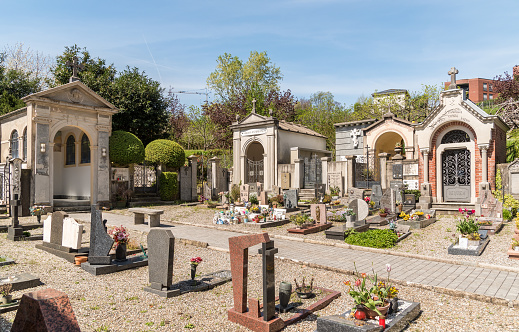 Rovio, Lugano, Switzerland - March 21, 2024: View of the public cemetery in Rovio, district of Lugano in canton of Ticino.