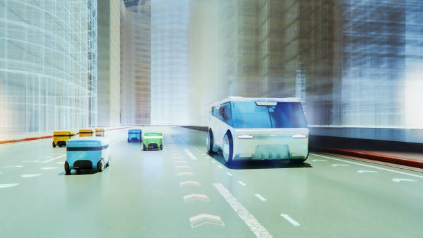 istock Futuristic city with autonomous delivery mini vans on the road 2149572721