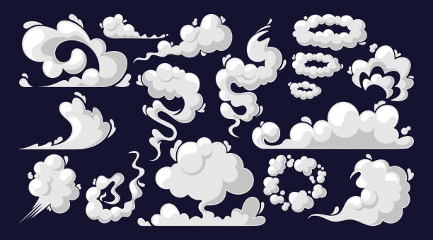 cartoon-rauchwolken, weißes vektoraroma oder giftiger dampfender dampf, staubdampf. designelemente, strömungsnebel oder rauchdampf - rauch stock-grafiken, -clipart, -cartoons und -symbole