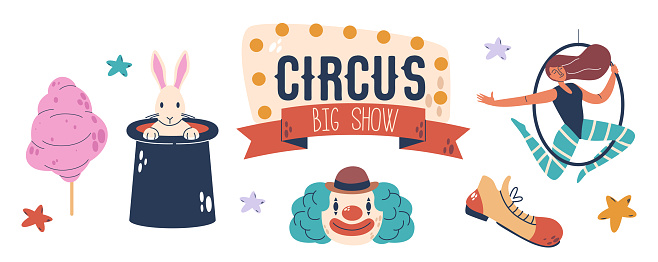 Circus Artists Aerial Gymnast and Clown, White Rabbit in Magician Hat, Candy Cotton, Jester Boot, Banner with Light Bulbs. Mesmerizing Performance and Big Top Show Items. Cartoon Vector Illustration