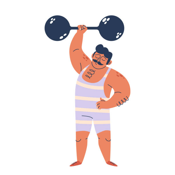 ilustrações, clipart, desenhos animados e ícones de brawny circus strongman em traje listrado, mostra uma força incrível, içando sem esforço uma barra maciça - circus strongman men muscular build