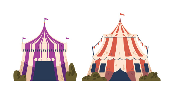 Colorful And Grand Circus Tents Inviting Wonder And Excitement Under Their Billowing Canopies. Vibrant, Towering Striped Structures, Housing Feats Of Wonder And Laughter. Cartoon Vector Illustration