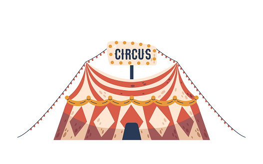 Circus Tent, Grand And Colorful Marquee Stand Tall With Stripy Peaks and Light Garland, Beckoning With Promises Of Marvels And Wonders Within. Amusement Park Entertainment. Cartoon Vector Illustration