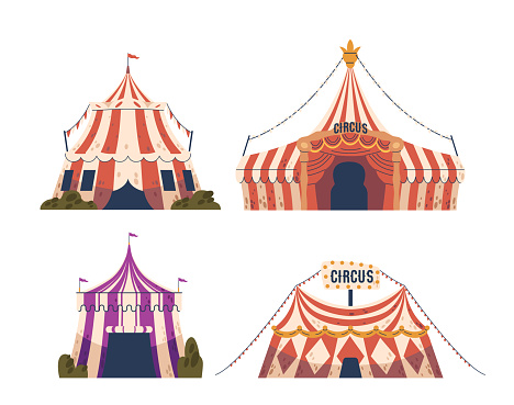 Circus Tents, Colorful Marquee, Housing Wonders Within Their Billowing Canvas Walls, Promising Enchantment And Spectacle. Adorned With Lights, Beckoning Curiosity And Joy. Cartoon Vector Illustration