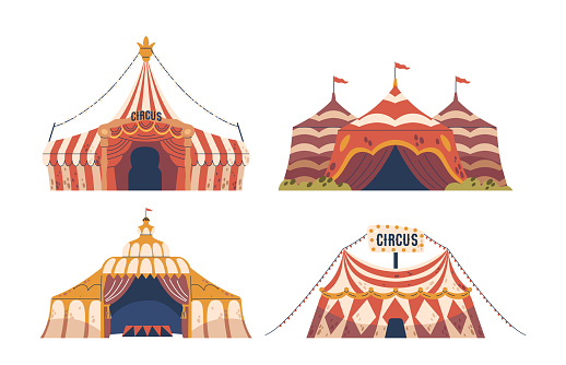 Circus Tents, Colorful, Towering Structures, Striped Marquee Dazzle With Vibrant Hues, Beckoning With Promises Of Thrilling Performances And Magical Escapades Within. Cartoon Vector Illustration
