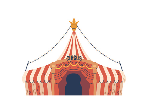 Circus Tent, Vibrant Canvas Dome Adorned With Colorful Lights, Housing Thrilling Spectacles, Acrobats, And Clowns, Resonating With The Melodies Of Excitement And Wonder. Cartoon Vector Illustration