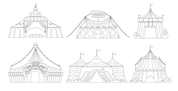 Circus Tents Outline Monochrome Vector Icons Set. Amusement Park Vintage Carnival Circus Tents With Flags, Festive Attraction, Entertainment, Striped Marquee Domes, Recreation Coloring Book Images
