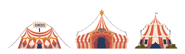 Circus Tents, Grand And Colorful Marquee Domes, Housing Marvels Within, Echoing With Laughter, Awe, And The Timeless Magic Of Performance. Amusement Striped Canvas Tents. Cartoon Vector Illustration