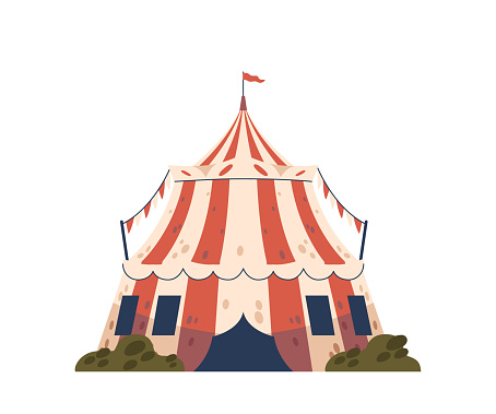 Circus Big Top Tent, Grand, Billowing Canopy, Adorned With Colorful Stripes And Adorned With Lights, Shelters The Marvels Within, Where Laughter And Wonder Intertwine. Cartoon Vector Illustration