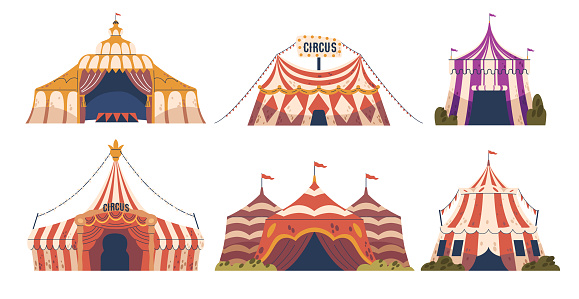 Circus Tents, Amusement Park Vintage Carnival Big Top Tents With Flags. Attraction, Fun Fair Marquee Striped Domes, Festive Recreation Entertainment Cartoon Vector Illustration Set