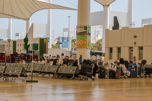 Jeddah, Saudi Arabia, August 13, 2018. Muslim pilgrims from all over the world at Jeddah Hajj International Airport in Jeddah.