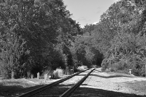 Wide Angle Grayscale Downtown Railroad Tracks